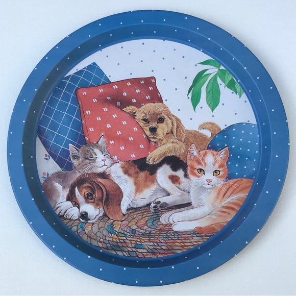 Vintage JSNY Dog & Cat Round Tin Tray 13" - Picture 1 of 5